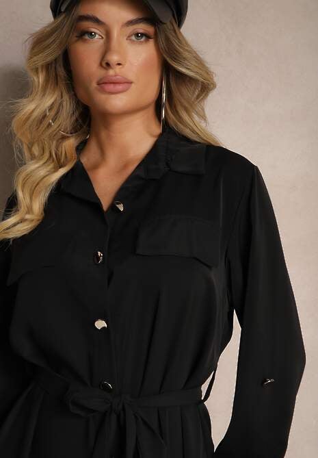 Czarna Sukienka o Koszulowym Kroju z Rękawami z Możliwością Podpięcia i Wiązanym Paskiem Ivalorae