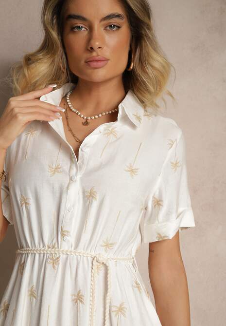 Biała Koszulowa Sukienka z Wiskozy o Rozkloszowanym Kroju z Wiązaniem Liselithra