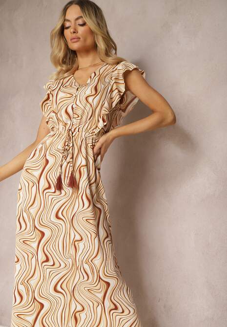 Beżowa Rozkloszowana Sukienka z Guzikami i Gumką w Talii Mottella