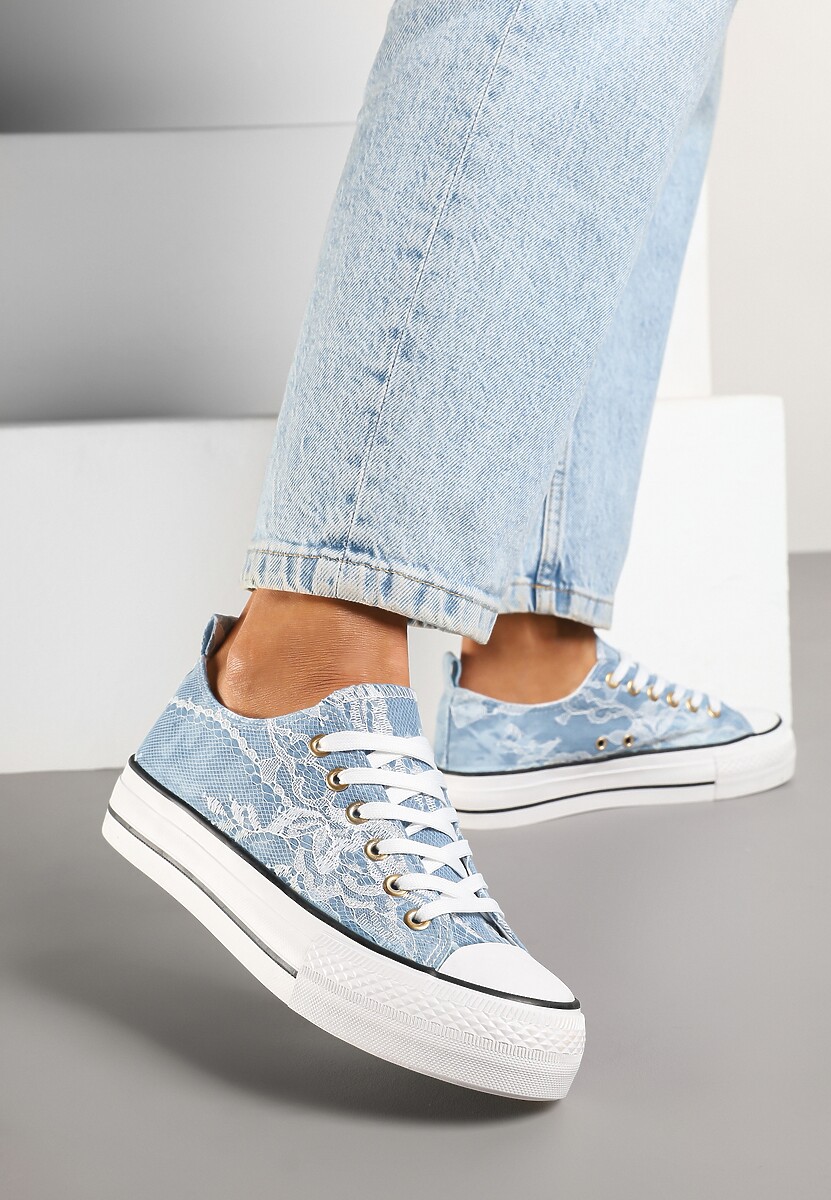 Niebieskie Trampki przed Kostkę na Platformie Zdobione Koronką Goniviel