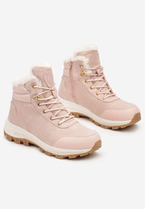 Różowe Traperki na Tłoczonej Platformie ze Sznurowaniem Zinlatta