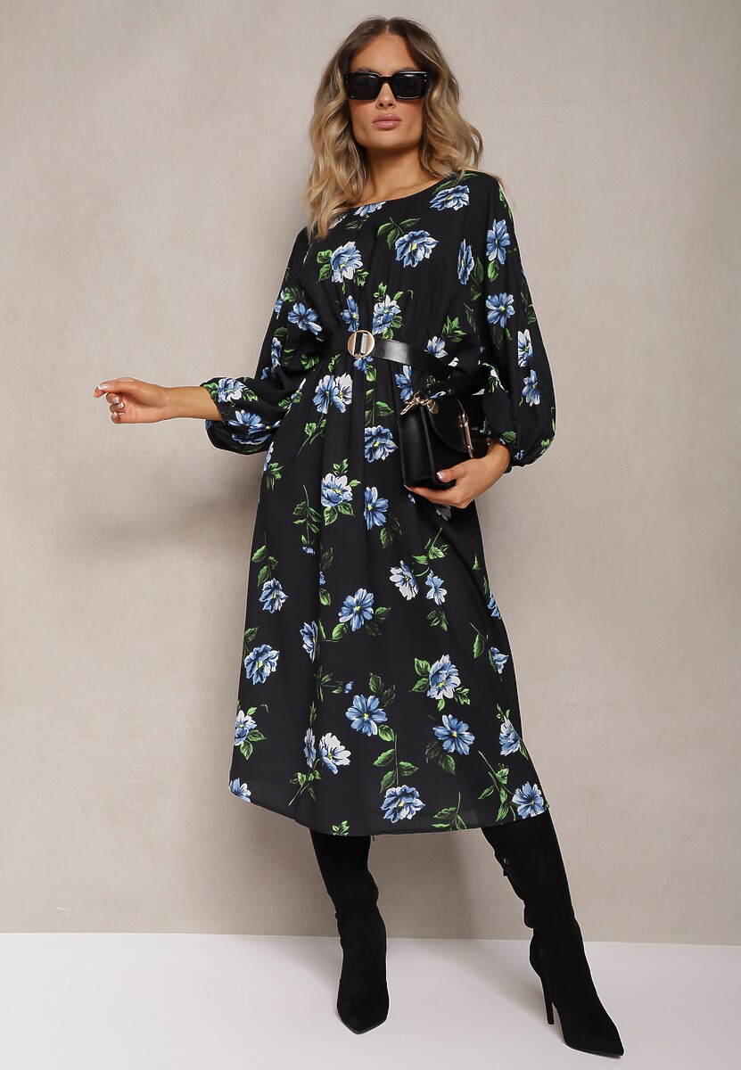 Czarno-Beżowa Midi Sukienka w Kwiaty o Rozkloszowanym Kroju z Rękawami Nietoperz Jervia
