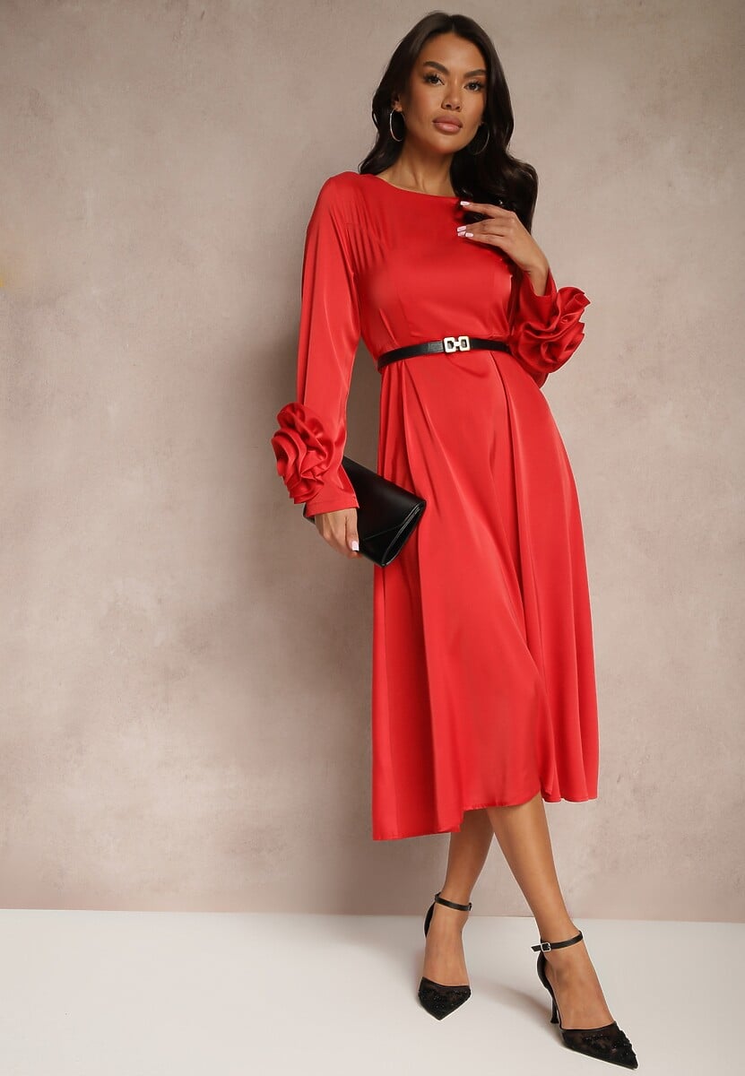 Czerwona Koktajlowa Sukienka z Kwiatowymi Aplikacjami 3D na Rękawach i Paskiem Temiraia