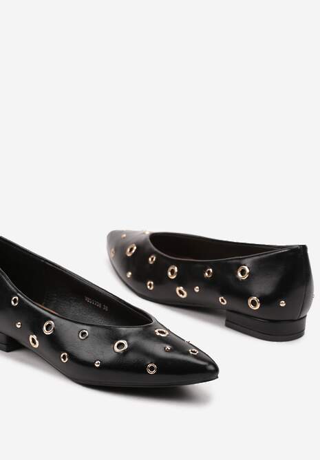 Czarne Balerinki na Płaskiej Podeszwie Ozdobione Metalicznymi Kółeczkami Erisellea