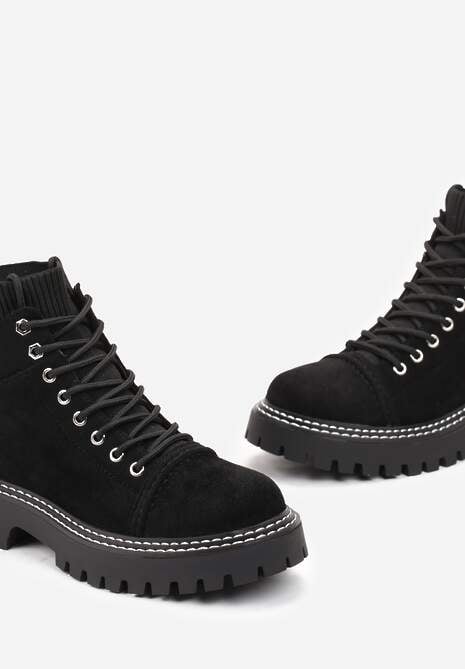 Czarne Botki Trapery z Elastycznym Ściągaczem i Sznurowaniem Raniwa