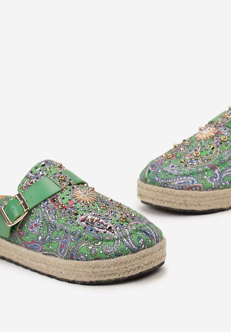 Zielone Klapki z Ekozamszu z Oryginalnym Wzorem i Klamrą Nirable