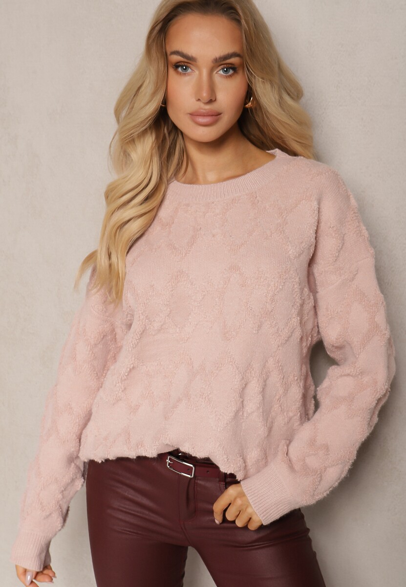 Jasnoróżowy Luźny Sweter o Pudełkowym Kroju i Tłoczonym Splocie ze Ściągaczami Elomara
