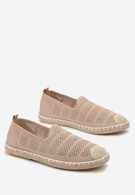 Ciemnobeżowe Espadryle na Płaskiej Podeszwie z Plecionki i Ozdobnymi Przeszyciami Tarniesa