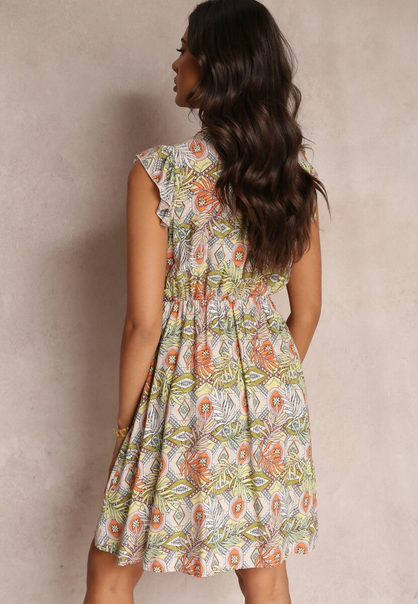 Zielono-Beżowa Rozkloszowana Sukienka Mini z Falbankami i Gumką w Pasie z Wiskozy Jehan