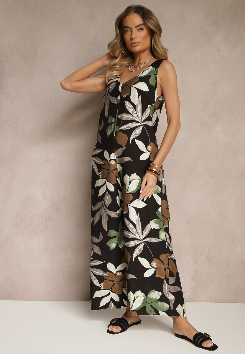 Beżowy Kombinezon Wide Leg z Wiskozą na Ramiączkach Filitiela