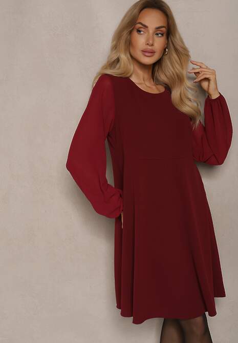 Bordowa Rozkloszowana Sukienka z Bufiastymi Rękawami z Siateczki Edanithe