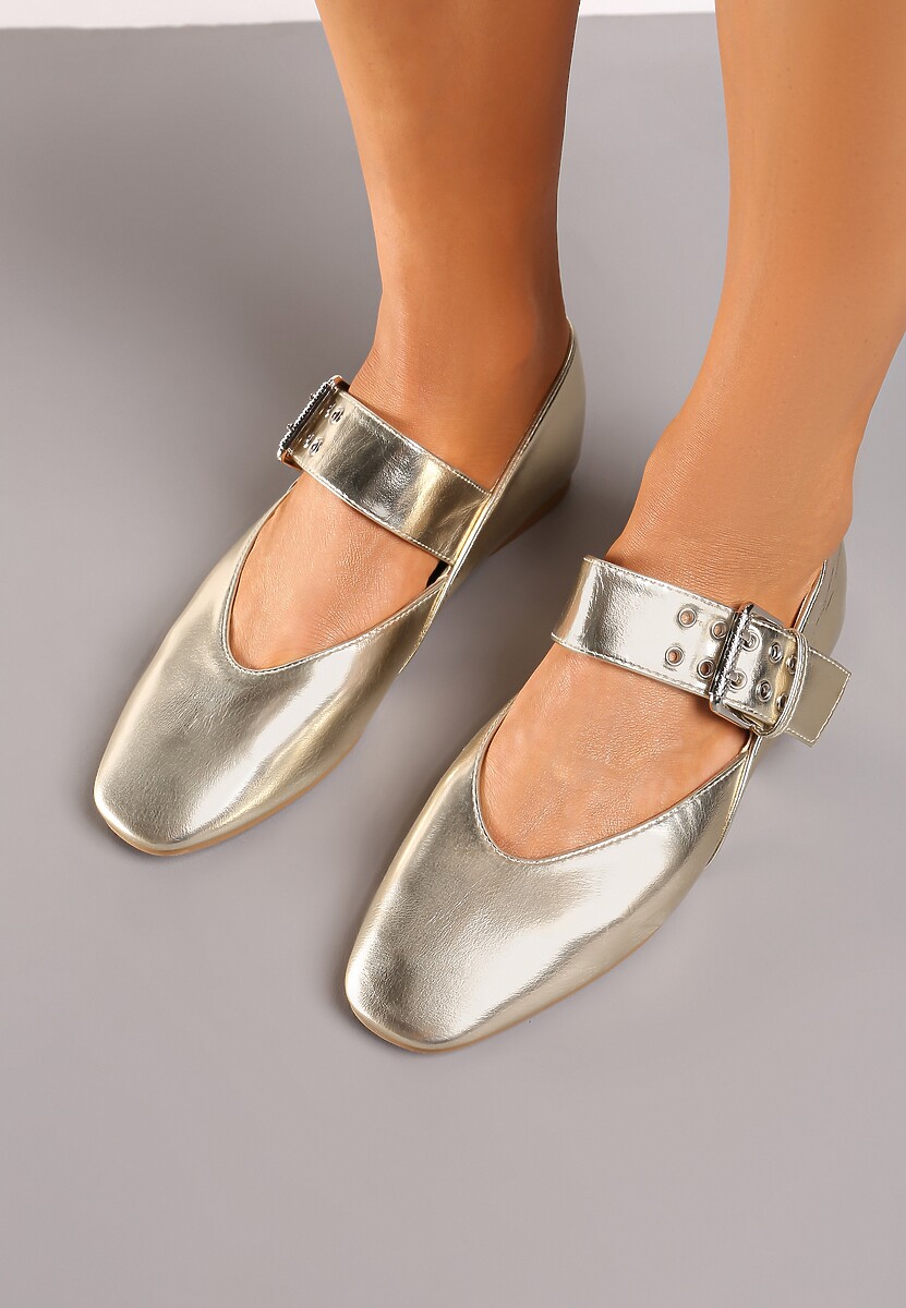 Złote Balerinki Ozdobione Paskiem i Sprzączką Berimida