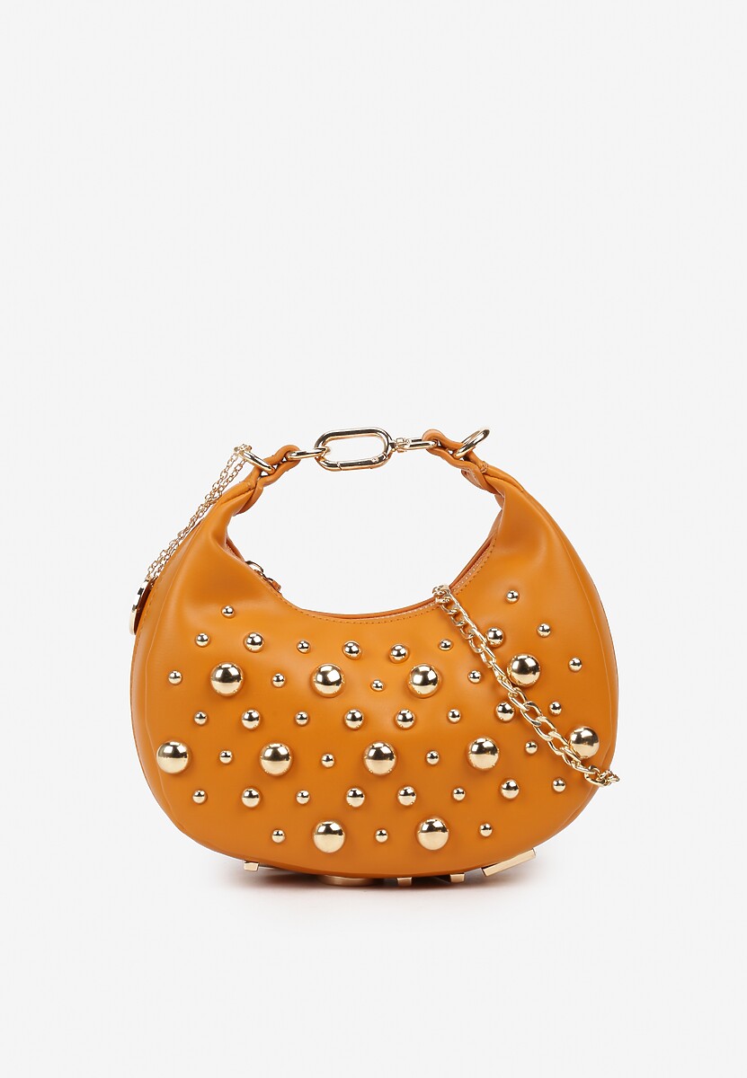 PomarańczowaTorebka Baguette z Napisem Love Łańcuszkiem i Wypukłymi Nitami Teresiel