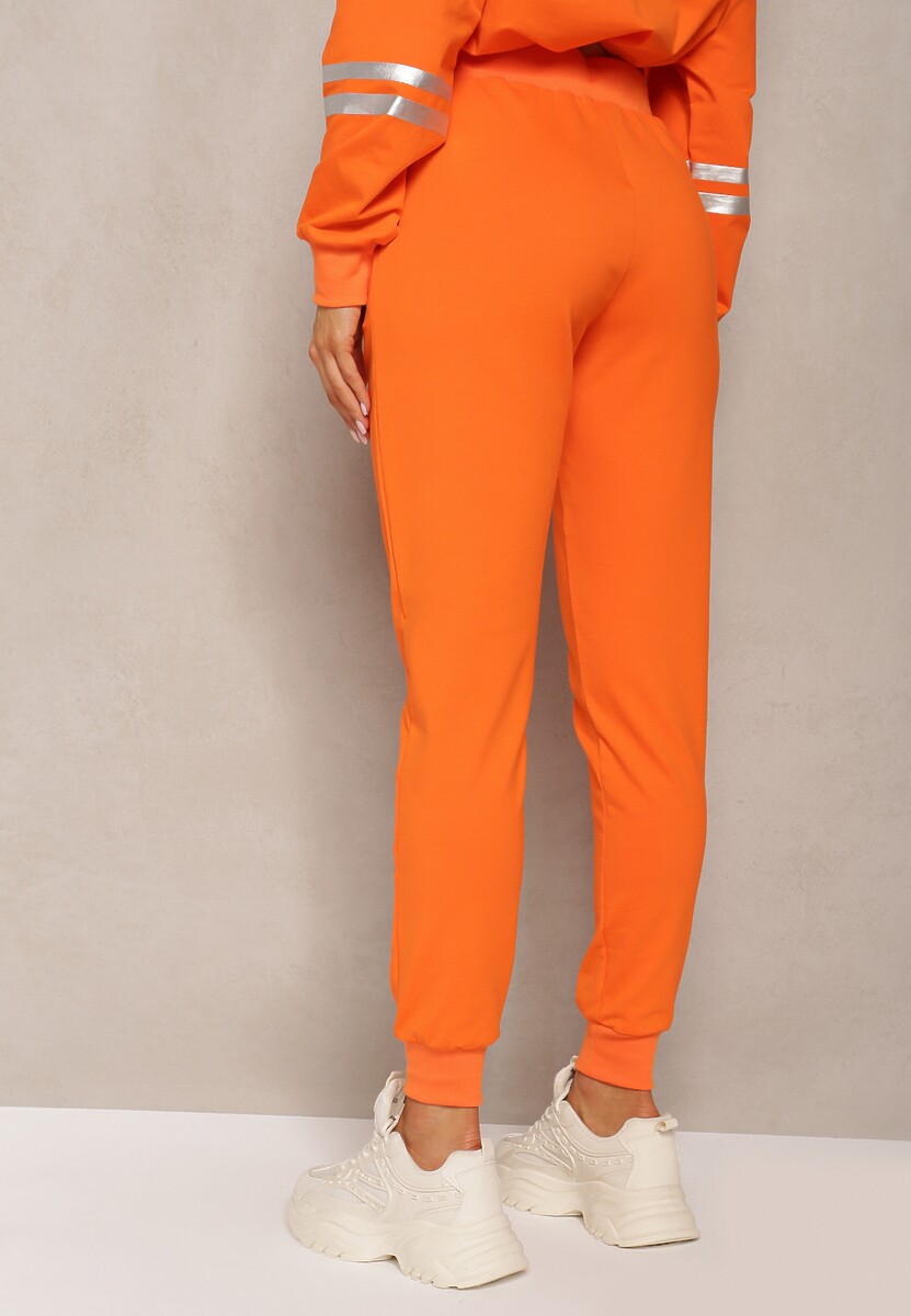 Pomarańczowe Spodnie Dresowe High Waist Ozdobione Nadrukiem przy Kieszeni Ascira