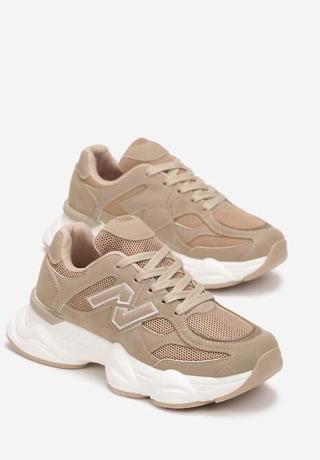 Ciemnobeżowe Sneakersy przed Kostkę na Grubej Podeszwie Ahana