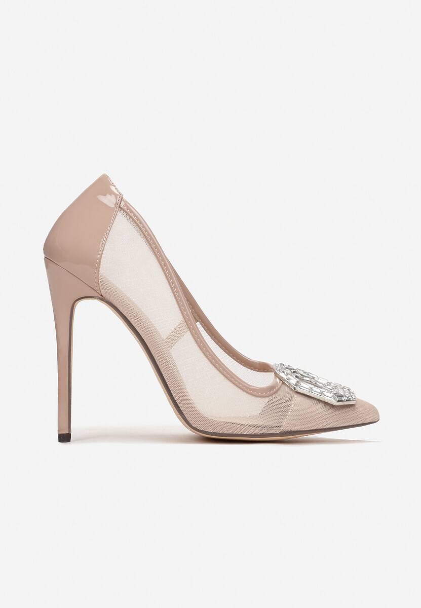 Beżowe Szpilki z Ozdobą w Cyrkonie i Szpiczastym Noskiem Malenga