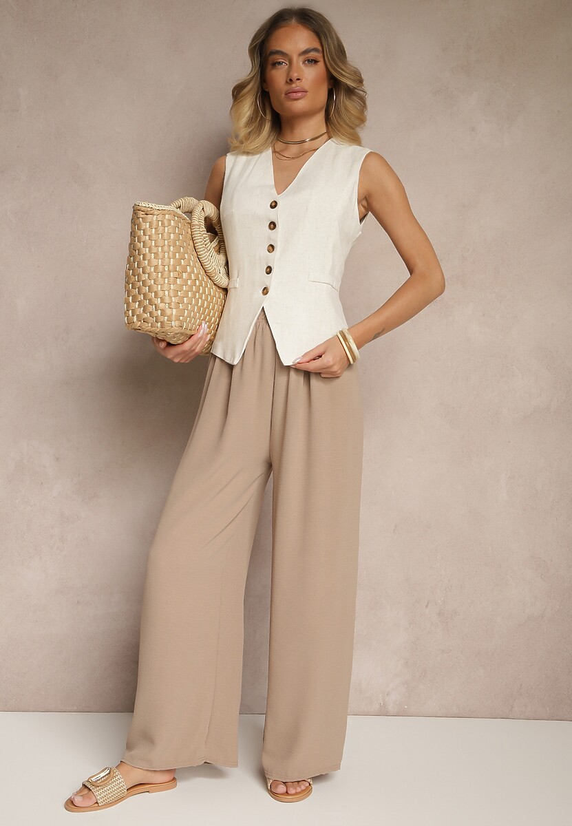 Ciemnobeżowe Szerokie Spodnie High Waist z Wiązaniem w Talii Reivaritta