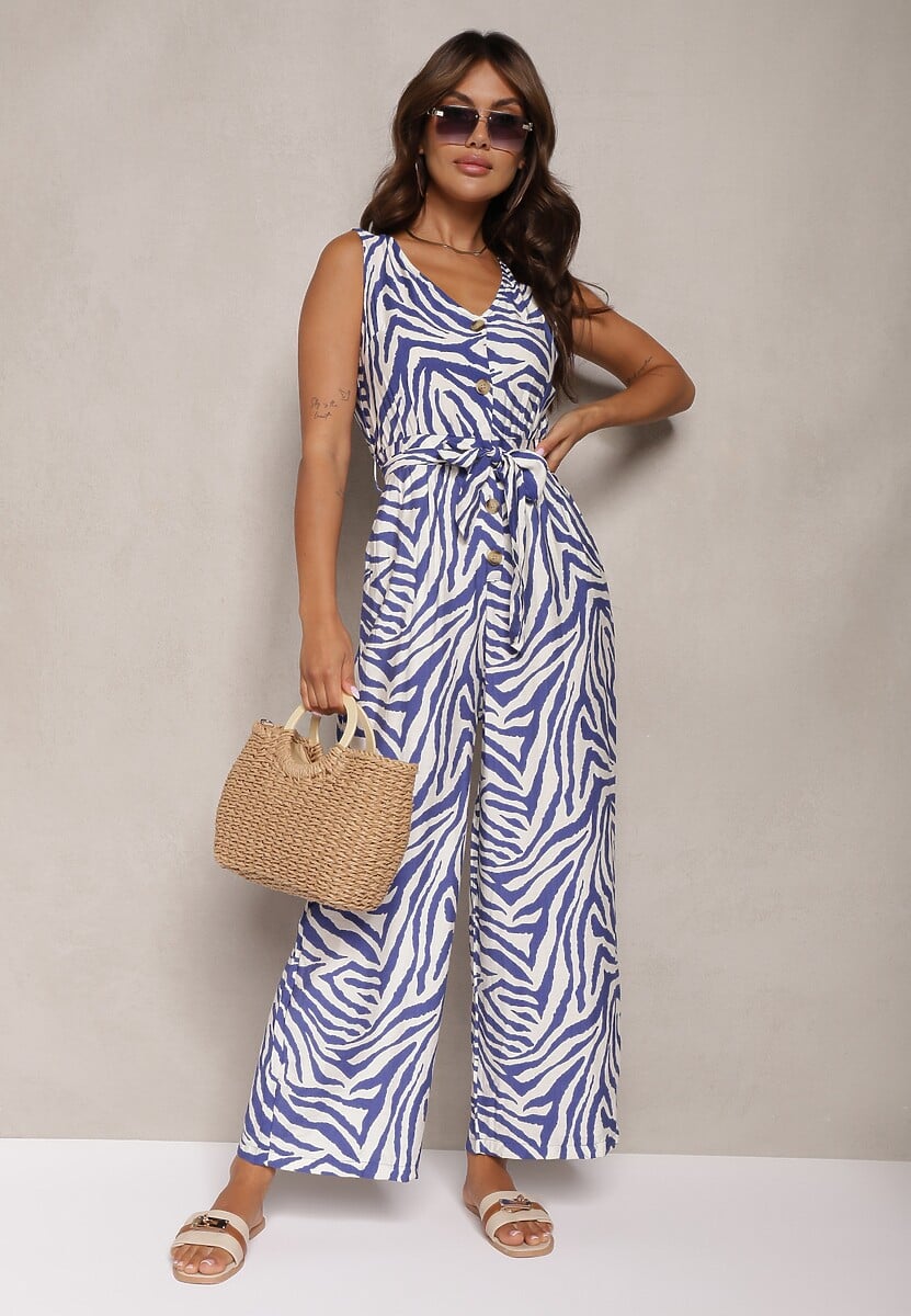 Niebieski Kombinezon z Wiskozy z Gumką w Talii Guzikami i Wiązanym Paskiem Davivia