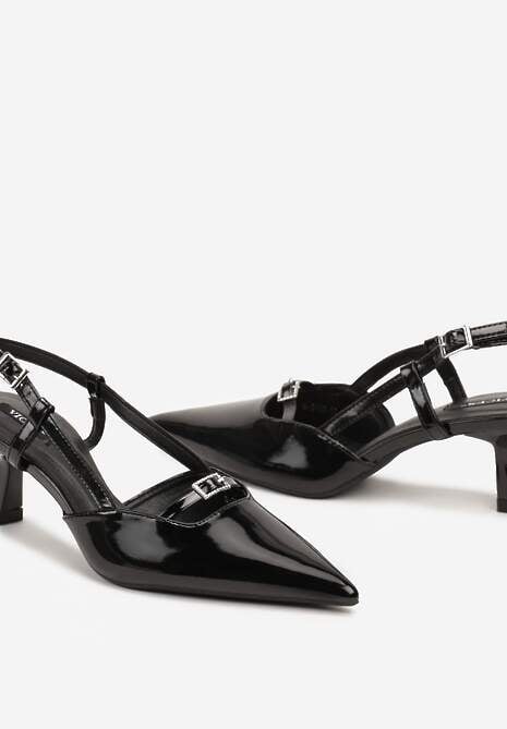 Czarne Czółenka na Szpilce Typu Kaczuszka Peep Toe Ozdobione Klamrami Evalssia