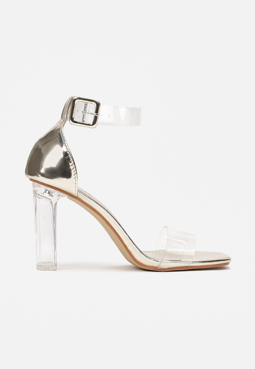 Złote Sandały na Przezroczystym Słupku z Transparentnym Paskiem i Sprzączką Obemia