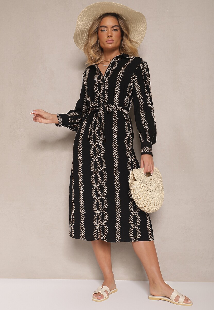 Beżowa Wiskozowa Sukienka o Koszulowym Kroju z Haftem i Wiązanym Paskiem Salliene