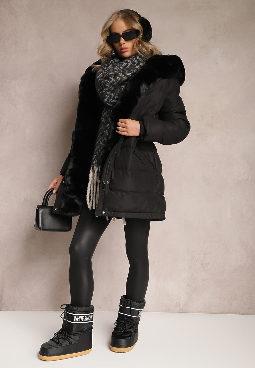 Czarna Pikowana Kurtka z Futerkiem i Kapturem Merlara