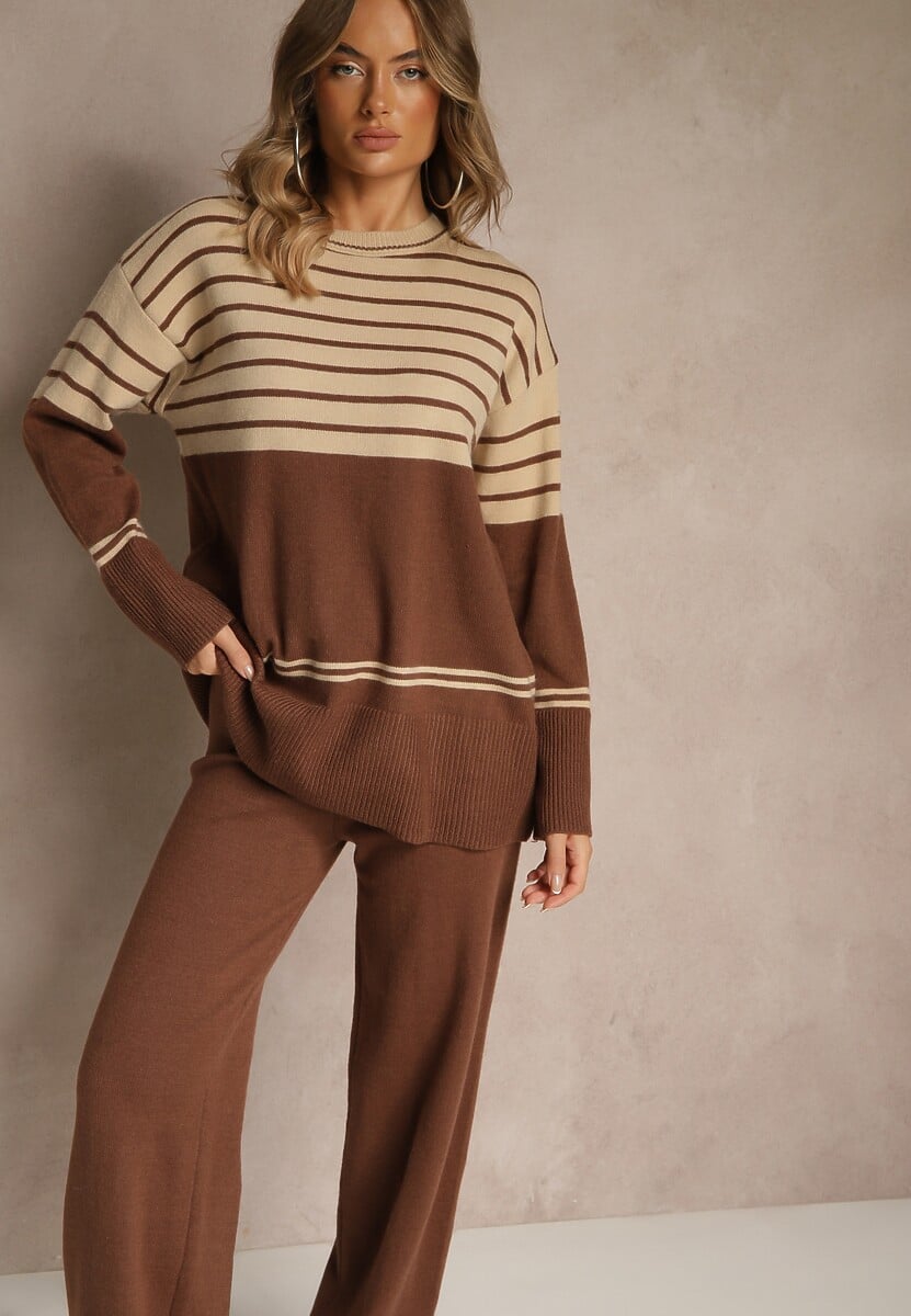 Brązowy Komplet z Dzianiny z Wełną Pasiasty Sweter i Spodnie Ralleia