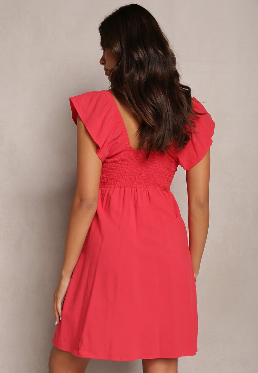 Czerwona Rozkloszowana Bawełniana Sukienka Mini z Krótkim Rękawem i Wycięciem pod Biustem Tremael