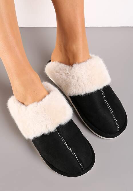 Czarne Wsuwane Kapcie Ozdobione Futerkiem i Przeszyciami Almane