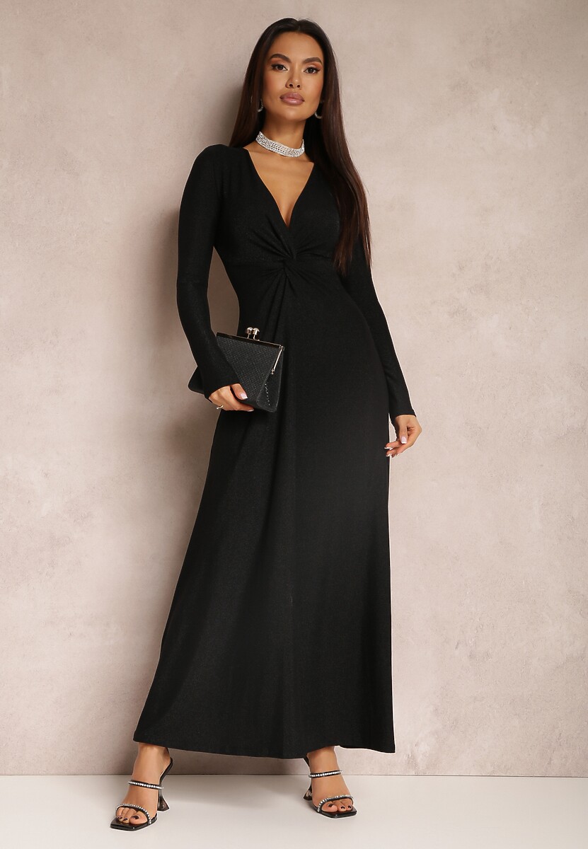 Czarna Sukienka z Marszczeniem przy Dekolcie Metaliczna Enemelle