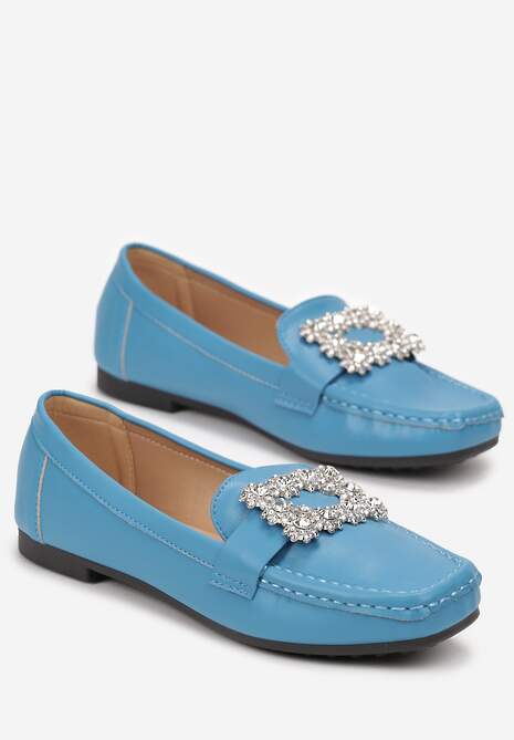 Niebieskie Płaskie Mokasyny z Kwadratowym Noskiem Ozdobionym Kryształkami Celeshta
