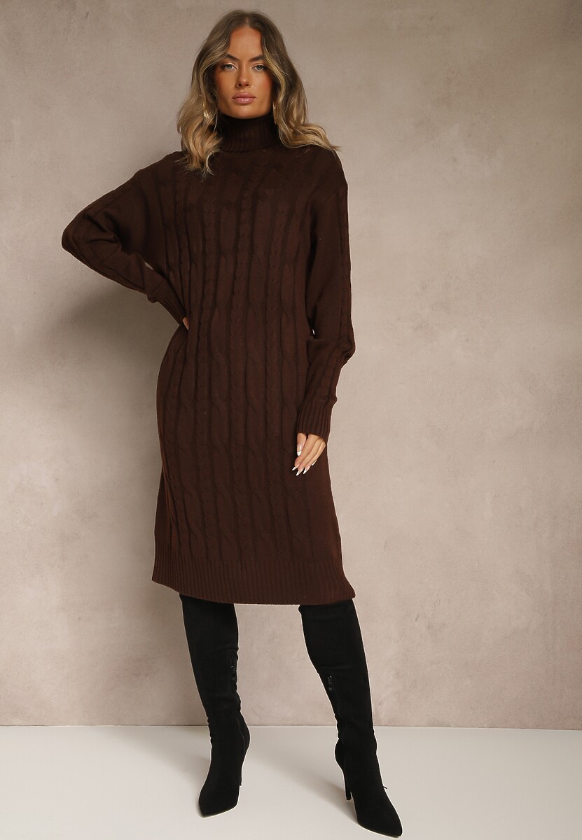 Brązowa Prążkowana Sukienka z Golfem z Dzianiny z Wełną Essandra