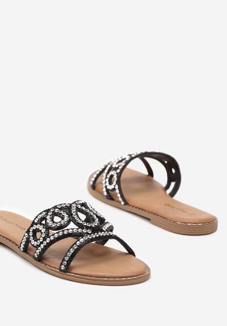 Czarne Klapki z Ozdobnym Paskiem z Wycięciami i Cyrkoniami Jeslifea