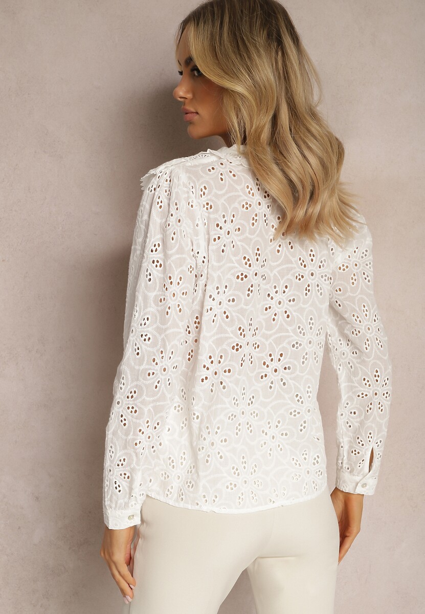 Biała Bawełniana Koszula z Koronką i Falbanką Przy Dekolcie ze Stójką Barisana