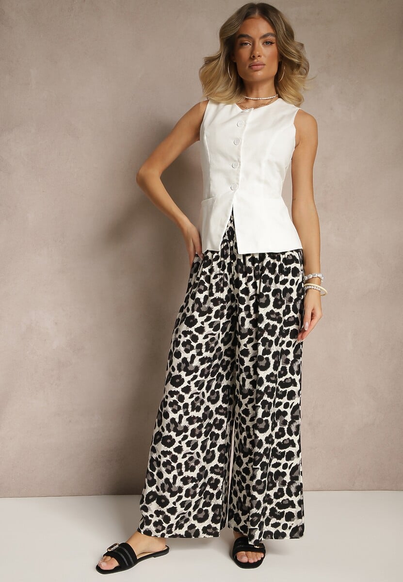 Czarno-Beżowe Panterkowe Spodnie z Wiskozy High Waist Ellilune