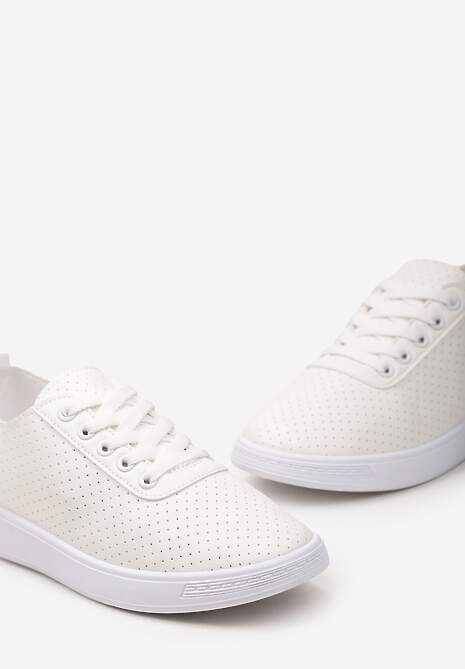 Beżowo-Białe Sznurowane Tenisówki z Ozdobną Taśmą na Tyle i Perforacją Kavinna