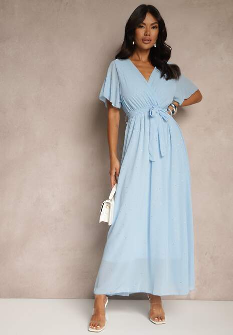 Niebieska Koktajlowa Brokatowa Sukienka z Paskiem Addlea