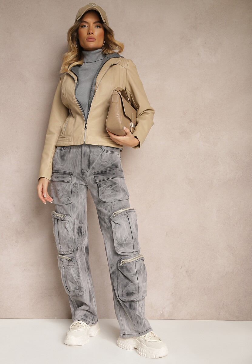 Beżowa Taliowana Kurtka Ramoneska z Tekstylnym Kapturem z Możliwością Odpięcia Ivaletha