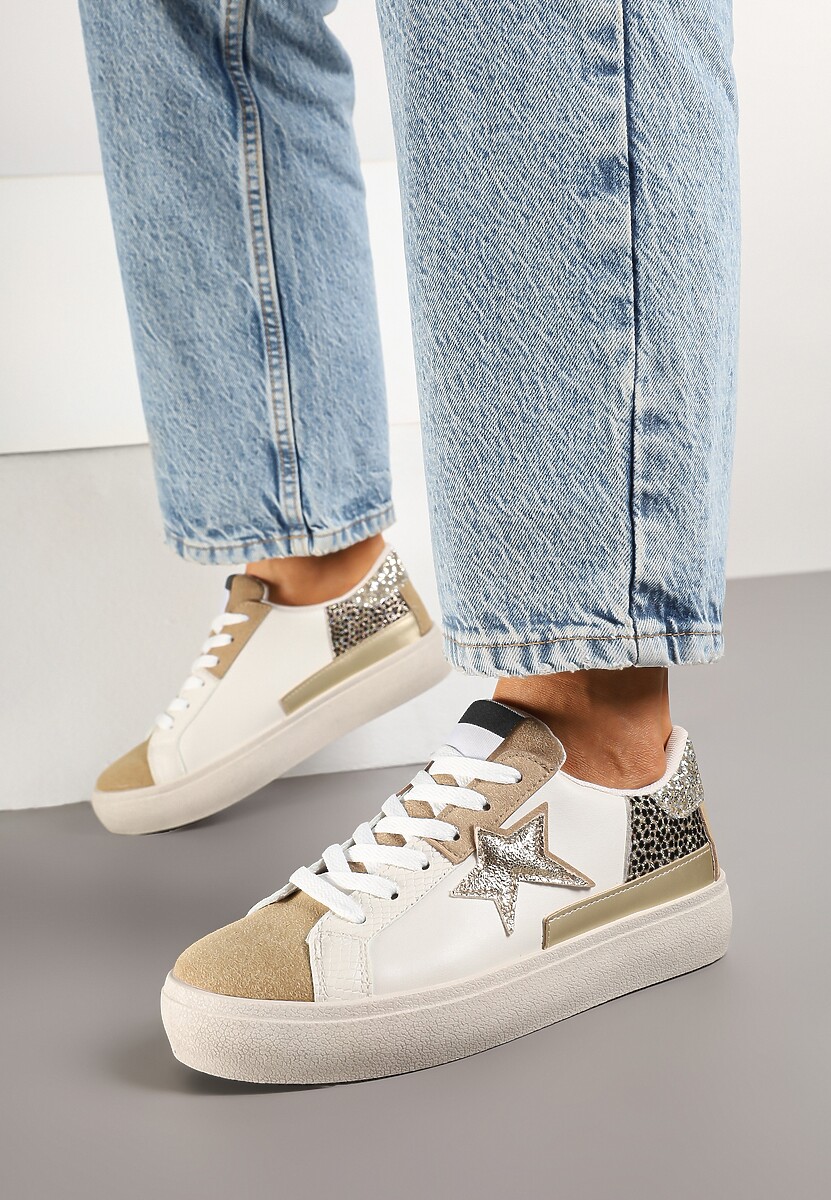 Ciemnobeżowe Sneakersy na Niskiej Platformie z Brokatowymi Zdobieniami Felaven