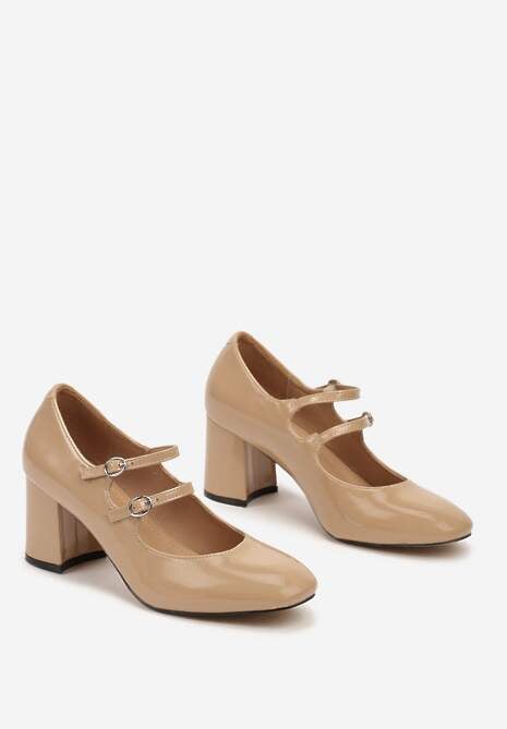 Beżowe Czółenka Lakierowane na Słupku Ozdobione Paskami i kwadratowym Noskiem Jalabine