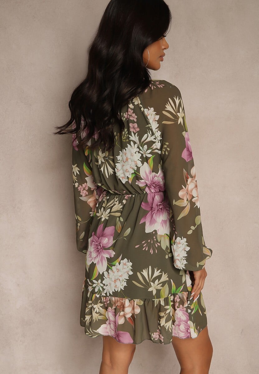 Ciemnozielona Rozkloszowana Sukienka Ozdobiona Kwiatowym Wzorem Zerovia