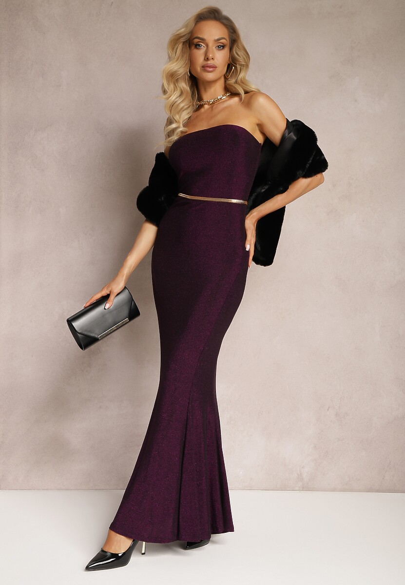 Ciemnofioletowa Połyskująca Sukienka Maxi Bez Ramiączek z Rozkloszowanym Dołem Botalia