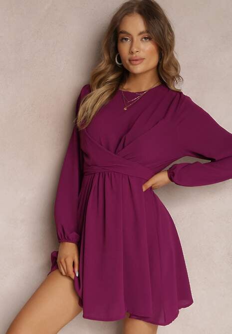 Fioletowa Sukienka Rozkloszowana z Gumką w Pasie Thelo