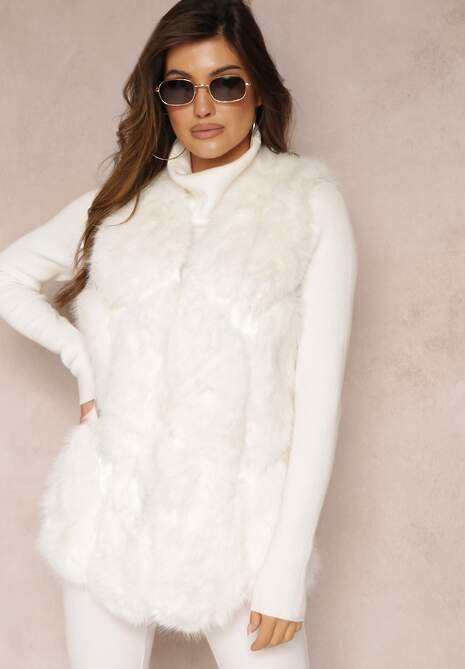 Biała Futrzana Kamizelka z Wstawkami z Ekoskóry Lewja