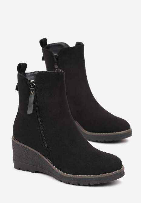 Czarne Botki na Koturnie z Ozdobnym Suwakiem Houtanie