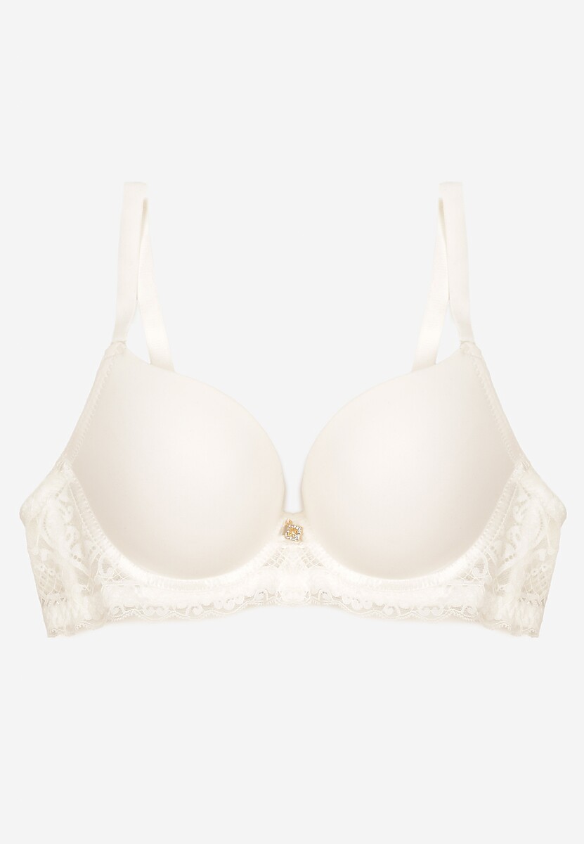 Biały Biustonosz Full Cup z Efektem Push-Up Zdobiony Koronką Militi