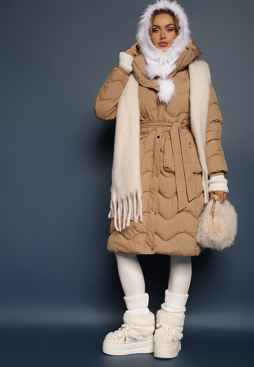 Ciemnobeżowa Kurtka Pikowana z Paskiem Begetir