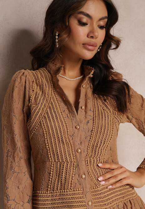 Ciemnobeżowa Rozkloszowana Sukienka Koszulowa Rutty