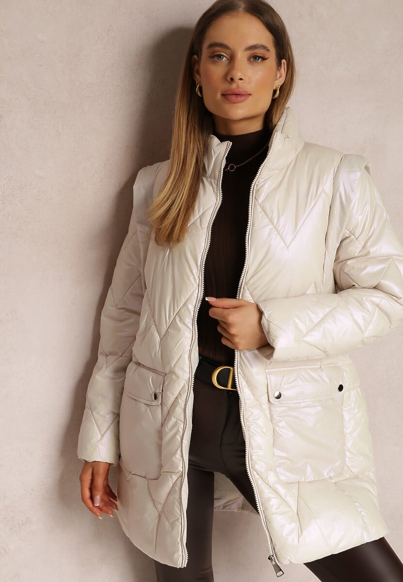 Beżowa Kurtka  z Odpinanym Rękawem Wiązana w Pasie Chozi