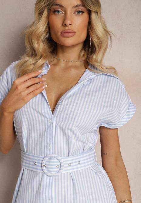 Niebieska Koszulowa Sukienka z Bawełny z Paskiem w Talii Nelassia